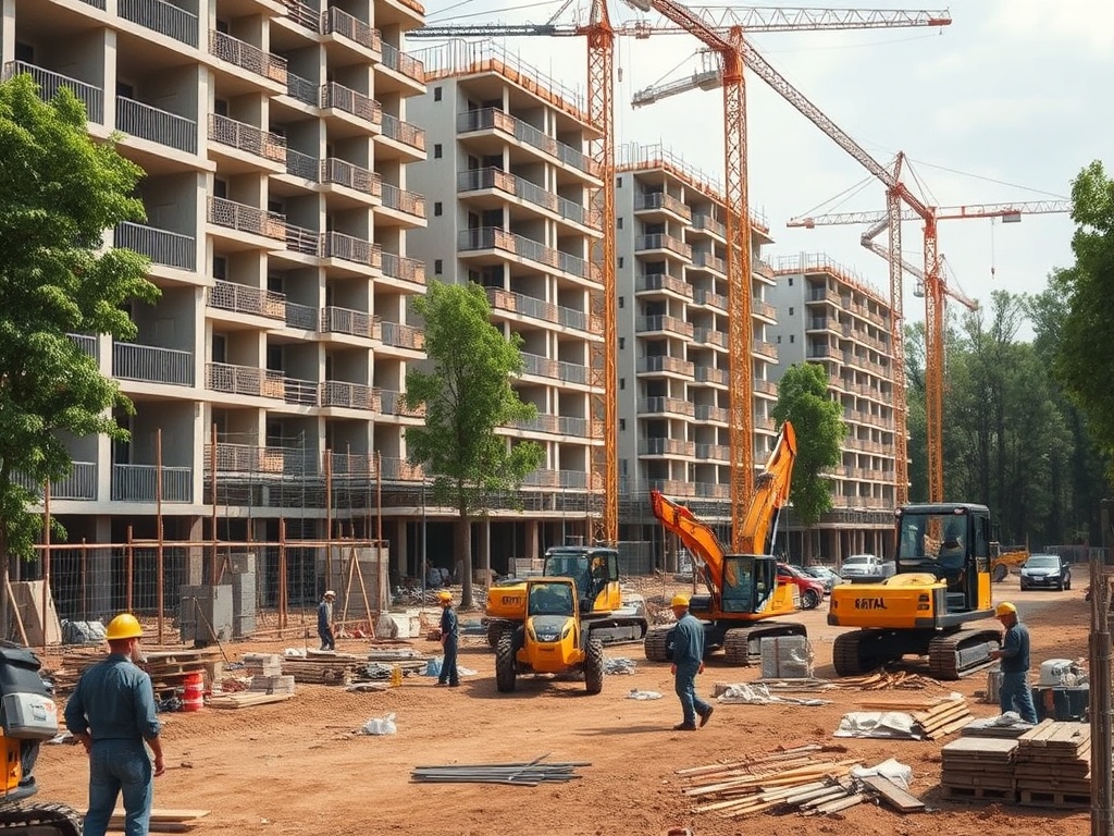 Почему растут цены на квартиры Строительная площадка с несколькими многоквартирными домами и рабочими на фоне подъемников и техники.