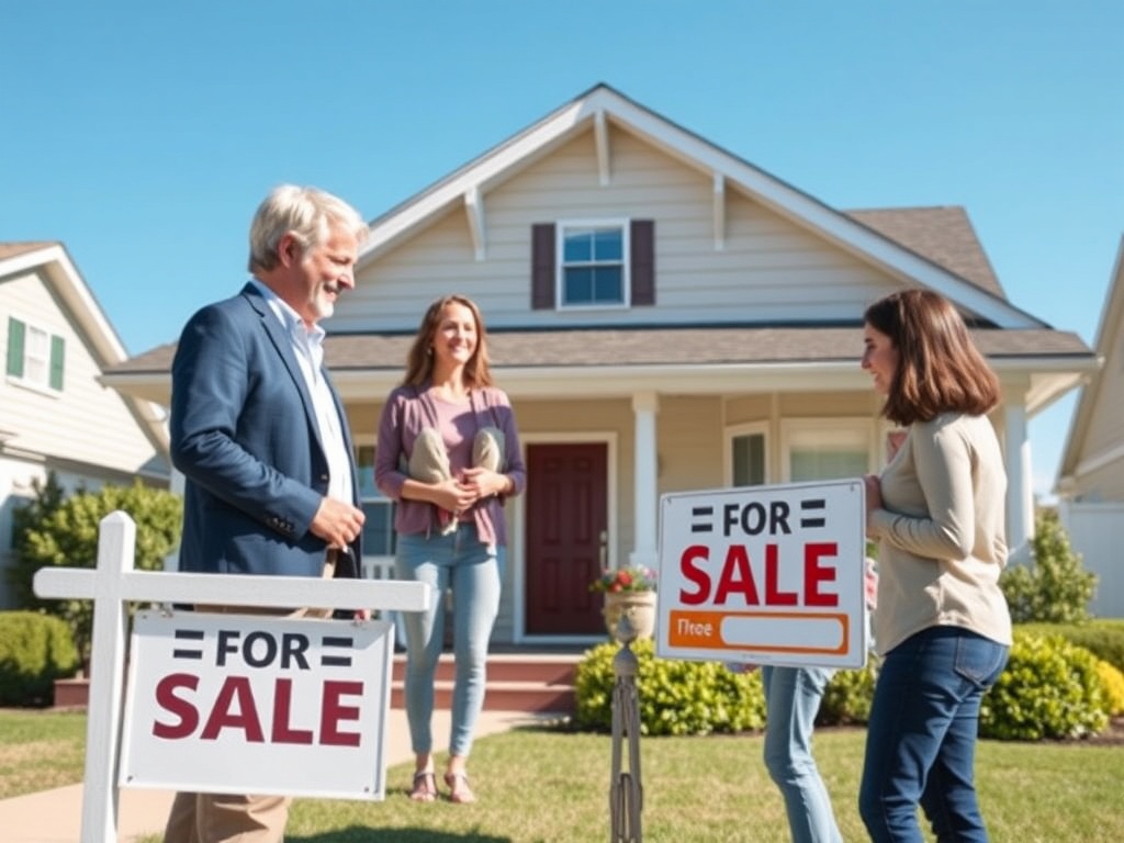 На изображении два человека обсуждают продажу дома, на заднем плане виден дом с вывесками "На продажу".