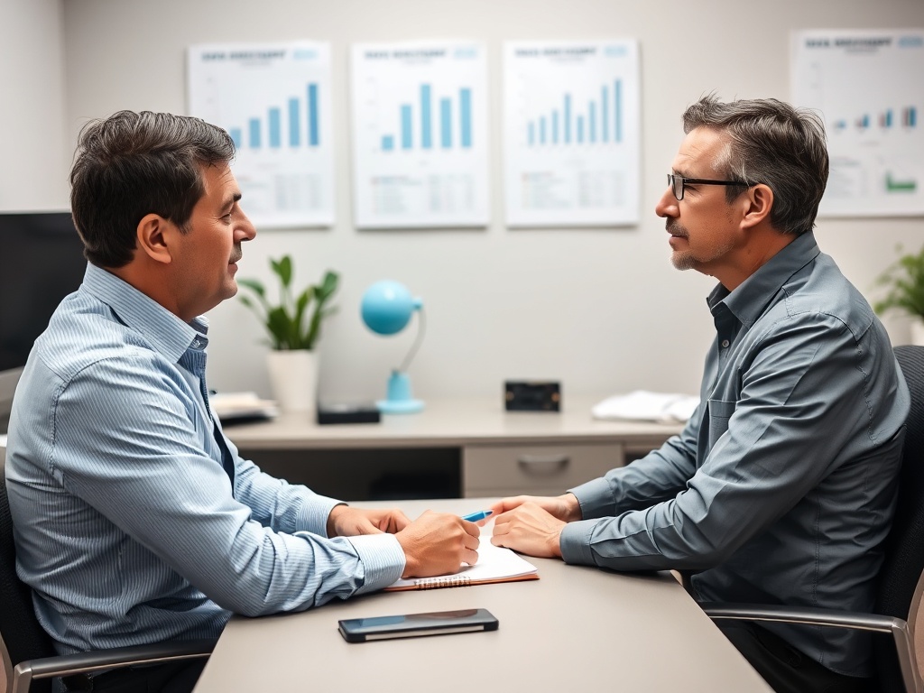 Ипотека и возможность частичного рефинансирования Два человека сидят за столом и обсуждают информацию на бумаге в офисе. На стене - графики и диаграммы.