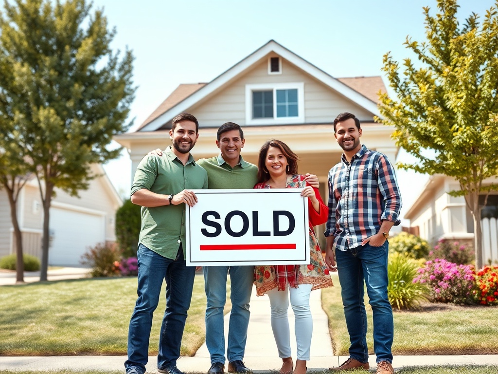 Покупка недвижимости с использованием подаренных средств Четыре человека стоят перед домом с табличкой "PRODANO". На улице цветы и ухоженный газон. Солнечный день.