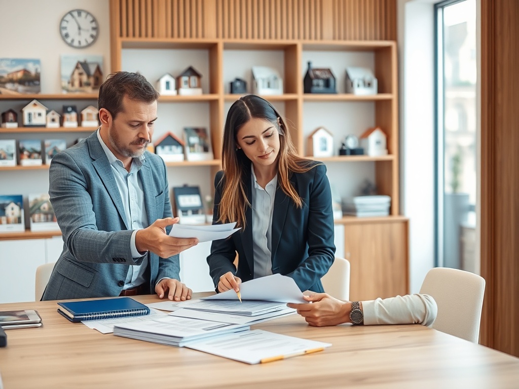 Какие документы проверять при покупке квартиры Два человека обсуждают документы в офисе, вокруг расположены макеты домов и часы на стене.