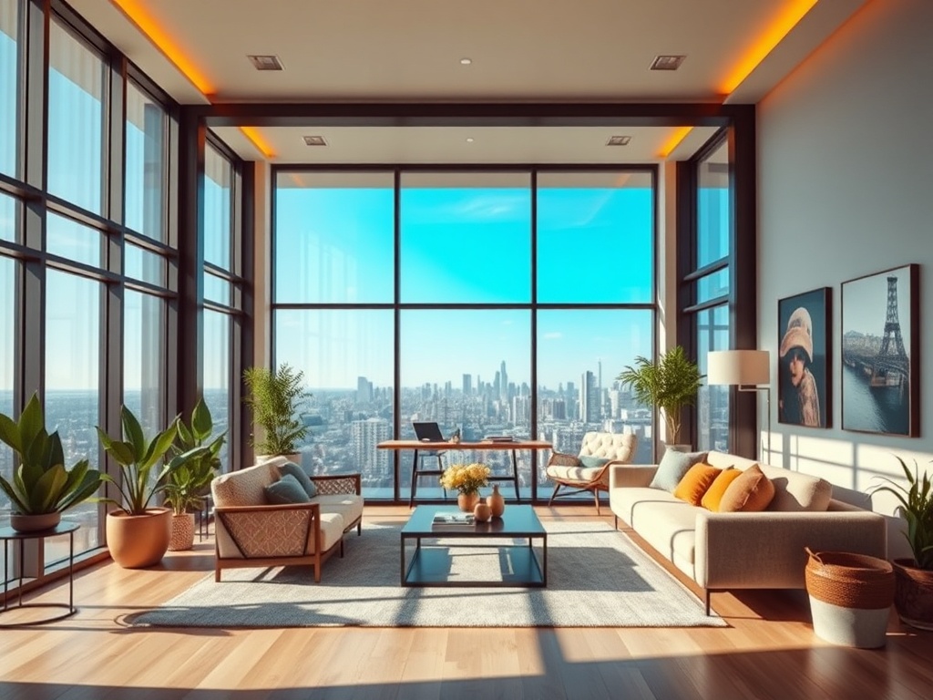 Почему растут цены на квартиры Современная гостиная с большими окнами и видом на город, уютные диваны и зелёные растения.