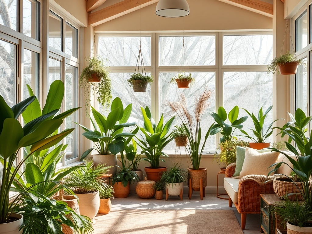 Ипотека и дополнительные требования при покупке жилья с зимним садом Светлая комната с большими окнами, наполненная зелеными растениями и уютной мебелью.