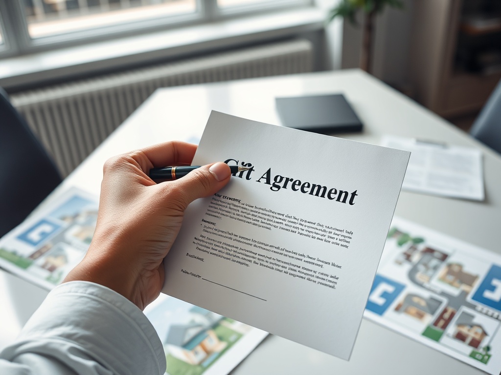 Покупка недвижимости с использованием подаренных средств Документ на столе с текстом «Договор дарения» в руках человека, который держит ручку.
