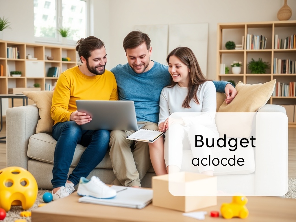 Ипотека и влияние изменения семейных расходов Трое людей сидят на диване и обсуждают что-то, глядя на ноутбук и планшет. Комната светлая и уютная.